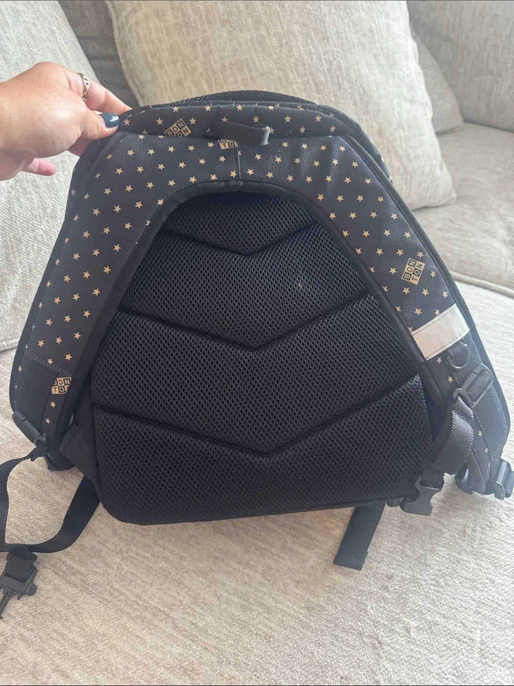 Bonton Black Backpack with Gold Star Print and Gold Trim